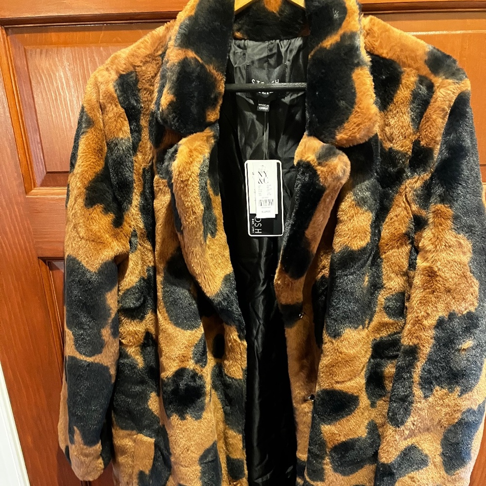 XL Stoosh Cowhide Print Faux Fur Coat NWT